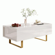 Merax Table basse réglable en hauteur 100 x 50 x 54,5 cm avec finition brillante, tiroir, rangement caché et pieds en fer, blanc - blanc Bois manufa