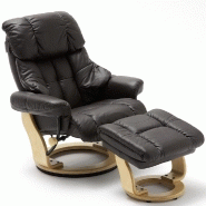 FAUTEUIL RELAX CLAIRAC ASSISE EN CUIR MARRON PIED EN BOIS NATUREL AVEC REPOSE PIED