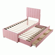 Merax Lit rembourré 90 x 200 cm avec lit gigogne et tiroirs de rangement, revêtement en lin doux pour la peau, lit simple plat, lit d'appoint rose.