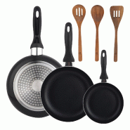 BERGNER - Set de 3 poêles 16/20/24 en aluminium pressé coloris noir avec set de 3 ustensiles de cuisine en bois d'acacia - PK9939