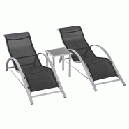 Merax salon de jardin 3 pièces avec 2 chaises Longues en Maille, Table Basse, Ensemble de mobilier d'extérieur pour 2 Personnes, Maille, Noir - noir