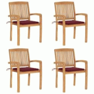 VidaXL Chaises De Jardin Empilables Avec Coussins Lot De 4 Teck Solide - rouge 3073219 VidaXL Chaises De Jardin Empilables Avec Coussins Lot De 4 Teck Solide - rouge 3073219