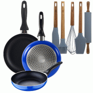 BERGNER - Jeu de 3 poêles Ø16/Ø20/Ø24 cm en aluminium pressé compatibles induction Blue Navy Paradise avec 5 ustensiles de cuisine en silicone et