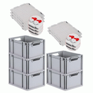 PROREGAL 5x Bac Euro NextGen Economy couvercle à charnières, fermetures à glissière rouges, poignées ouvertes, 22x30x40cm, 20L - noir plastique R