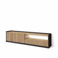 SKRAUT HOME Meuble TV, Banc Télé, Grand espace de Rangement, 207x37x50cm, Pour les TV jusqu'à 80", Led, Style moderne, Chêne et noir - beige Bois