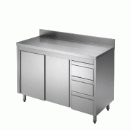 GastroHero Armoire de travail en acier inoxydable ECO avec porte coulissante et 3 tiroirs 18x7 avec dosseret - Acier inoxydable 18/0 ASS3SR-ECO18X7A
