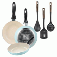 BERGNER - Jeu de 3 Poêles Ø16/Ø20/Ø24cm en Aluminium Pressé Bleu Ciel avec Set de 3 Ustensiles de Cuisine en PBT noir et cuivre - aluminium PK9412