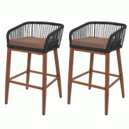 Décoshop26 - Lot de 2 tabourets de bar avec tressage en corde anthracite et structure métal aspect bois avec coussins taupe 04_0009608 - métal 3000