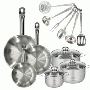 Batterie de cuisine avec 3 poêles 20/24/28 cm et 3 faitouts 16/20/24 cm et 6 ustensiles de cuisine Fackelmann Etherna Brillant Oxford - gris inox 317