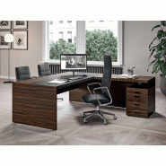 Bureau de direction contemporain avec inserts en cuir et retour caisson fabriqué en Italie Bureau de direction contemporain avec inserts en cuir et retour caisson fabriqué en Italie