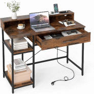 COSTWAY Bureau avec prises électriques, petit boîtier d'ordinateur avec fixation, table de bureau en bois avec structure métallique - marron Bois m