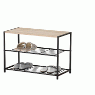 WDMT Étagère à chaussures industrielle avec plateau en bois – 3 niveaux – 63 x 30 x 43 cm – Métal et bois – Range-chaussures – Noir - ma