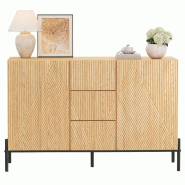 Merax Buffet avec Portes et Tiroir, Meuble de Rangement Aspect Bois avec Structure 3D, Commode, Pieds en métal, Couleur Bois Naturel - multi-matéria