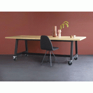Table de réunion en bois massif sur roulettes BO - Spoinq - L180/200/220/240/250 x P100 cm - Pied en acier avec entretoise
