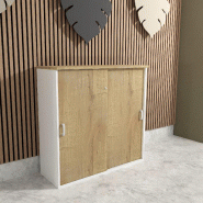 Armoire mi-haute à portes coulissantes - Mobel Linea - 100, Blanc pastel, Chêne veiné_0