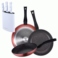 BERGNER - Ensemble de 3 poêles Venus Ø20/24/28cm en aluminium forgé compatibles induction avec ensemble de 3 couteaux avec bloc en acier inoxydable