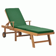 Helloshop26 - Transat chaise longue bain de soleil lit de jardin terrasse meuble d'extérieur avec coussin bois de teck solide vert 02_0012432 - vert