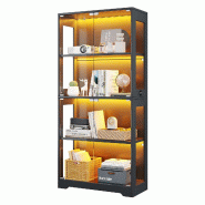 Merax Vitrine LED 80 x 35 x 160 cm, 4 portes en verre trempé à ouverture par pression, 3 couleurs de lumière, interrupteur tactile et côtés en -