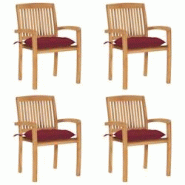 VidaXL Chaises De Jardin Empilables Avec Coussins Lot De 4 Teck Solide - rouge 3073264 VidaXL Chaises De Jardin Empilables Avec Coussins Lot De 4 Teck Solide - rouge 3073264