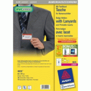 AVERY 10 pochettes pour badges, format 60x90 mm, en plastique souple transparent, avec lacets + 16 inserts microperforés imprimables (2 feuilles / cd