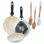 BERGNER - Jeu de 3 poêles Ø16/Ø20/Ø24 cm en aluminium embouti bleu ciel avec set de 3 ustensiles en silicone et bois - PK9398