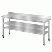Table de travail en inox Bar 2000x600 mm avec 2 étagères inférieures et dosseret sur roulettes PREMIUM - GOLDINOX - gris inox 3701770835515