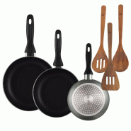 BERGNER - Set de 3 Poêles Ø16/20/24 cm en Aluminium Embouti Gris Métallisé avec Set de 3 Ustensiles de Cuisine en Bois d'Acacia - PK9879