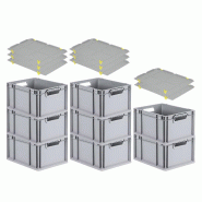 PROREGAL 8x Bac Euro NextGen Economy avec couvercle d'appui et 4 fermetures à glissière jaunes poignées ouvertes 22x30x40cm 20L - noir plastique RM PROREGAL 8x Bac Euro NextGen Economy avec couvercle d'appui et 4 fermetures à glissière jaunes poignées ouvertes 22x30x40cm 20L - noir plastique RM