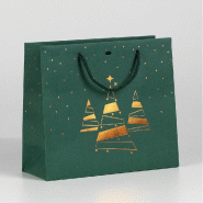 Sac luxe "Sapins cuivre" vert poignées torsadées 20+10x17cm - par 12