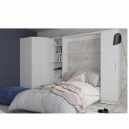 COMPOSITION ARMOIRE LIT ESCAMOTABLE SMART-V2 BLANC MAT COUCHAGE 140 X 200 CM  2 COLONNES RANGEMENTS + ANGLE