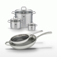 Lot Poêles 32 cm & 28 cm Elo Relief Evolution et Faitouts 14/20/26 cm - gris inox 3176239958034