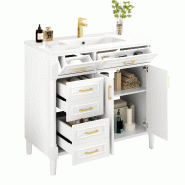 Merax Meuble sous vasque 91 x 46,5 x 88 cm avec vasque en céramique, 4 tiroirs et poignées dorées, blanc - blanc multi-matériau NK000026AAK