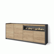 SKRAUT HOME Buffet salon et cuisine, 207x80x37 cm, 4 Portes, Cheminée électrique, Chêne et noir - beige Bois manufacturé 703_15