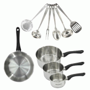 Set 1 poêle 24 cm, 3 casseroles en inox et 6 ustensiles inox Fackelmann Geneva - gris inox 3176239944624
