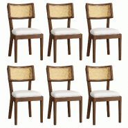 Merax lot de 6 chaises de salle à manger 50 x 58 x 88 cm en bois massif avec dossier en rotin et coussins en lin, aspect noyer et beige - multicolore