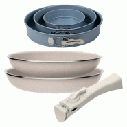 BERGNER - Jeu de 2 Poêles Ø24/28cm en Aluminium Pressé Antiadhésif avec Poignée Amovible et Jeu de 3 Moules à Four Ronds Ø12/Ø18/Ø22cm - PK9497
