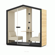 Cabine acoustique "TREEHOUSE" - 2 Places, 2 Parois vitrées, Aménagé (fauteuil, table, banc) Cabine acoustique "TREEHOUSE" - 2 Places, 2 Parois vitrées, Aménagé (fauteuil, table, banc)