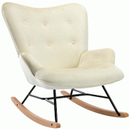 Décoshop26 - Fauteuil à bascule rocking chair bouton décoratif en tissu velours crème confortable et design FAB10073 - beige 3000901469606