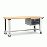 Établi roulant plateau bois L.2000 mm et pieds réglables + bloc 3 Tiroirs NOVALP