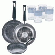 BERGNER - Jeu de 3 Poêles Ø16/Ø20/Ø24cm en Aluminium Pressé Compatibles Induction Black Soul Marble avec Jeu de 4 Verres 0,5L NOIA - PK9346