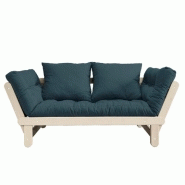 BANQUETTE MÉRIDIENNE FUTON BEAT PIN NATUREL TISSU COLORIS BLEU PÉTROLE COUCHAGE 75*200 CM.