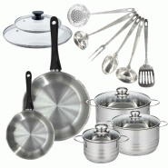 Batterie de cuisine 2 poêles 20/28 cm et couvercles, 3 faitouts 16/20/24 cm et 6 ustensiles Fackelmann Geneva - gris inox 3176239935912_0