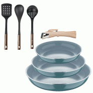 BERGNER - Ensemble 3 poêles Ø18/20/24cm aluminium pressé recyclé vert avec manche amovible et Ensemble 3 ustensiles de cuisine en PBT noir et cuiv