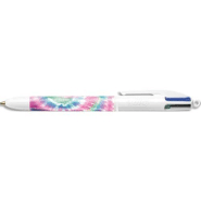 Bic stylo bille rétractable 4 couleurs. Corps décoré d'un design tie & dye rose, bleu violet et blanc