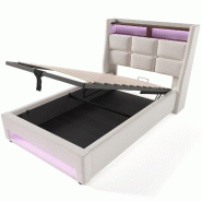 Merax Lit capitonné , housse en coton et lin, lit coffre avec port USB + LED 90x200cm, beige - beige multi-matériau AB20122324B