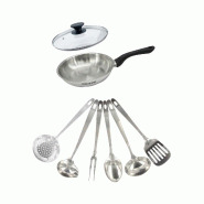 Set poêle 20 cm en inox, couvercle verre et 6 ustensiles inox Fackelmann Geneva - Acier inoxydable 18/10 3176239944532