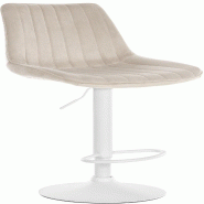 Décoshop26 - Tabouret de bar x1 réglable en hauteur pivotant à 360° assise en velours crème couture verticale pied métal blanc 10_0005758 - beig