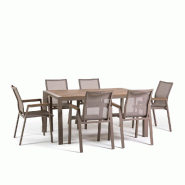 RATTATAN Ensemble repas d’extérieur avec table en aluminium 160x90 cm et 6 chaises empilables en textilène et polywood effet bois Liam et Deva - b