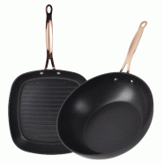 San Ignacio - Ensemble poêle grill 28 × 28 cm et wok Ø28 × 7,8 cm en aluminium forgé noir mat Copper - PK10190