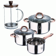 BERGNER - Batterie Cuisine 5 Pièces en Acier Inoxydable Ø16/18/20cm Compatible Induction avec Cafetière à Piston en Verre Borosilicate 15,8×10×1